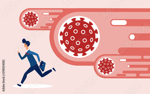 Coronavirus financial crash, economic panic crisis in business concept vector illustration. Cartoon businessman running away from corona virus, covid19 pathogens impact to businesspeople background