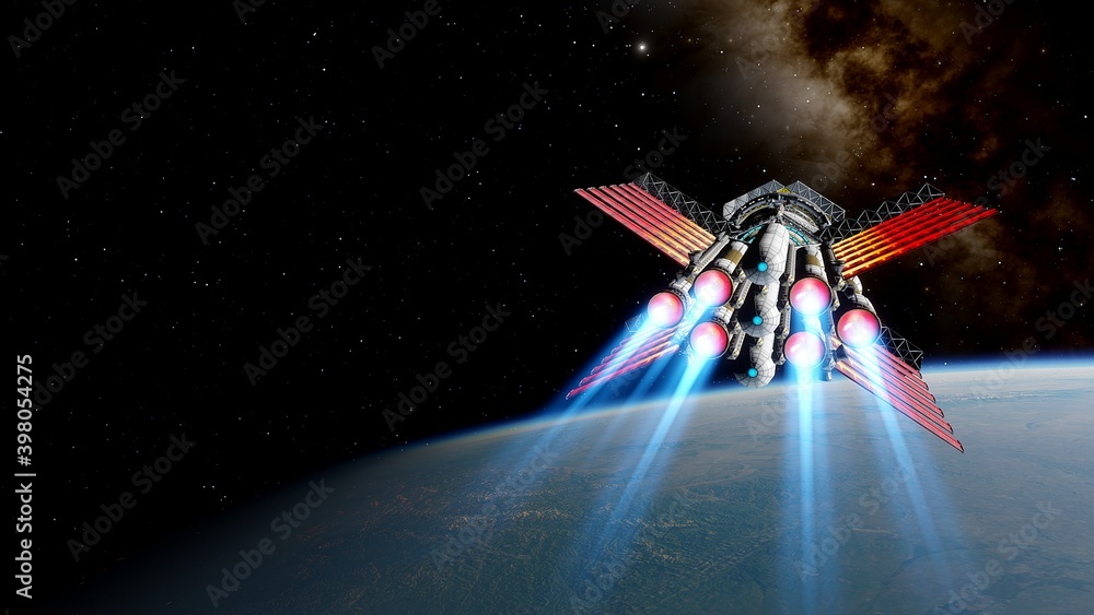 Fototapeta spaceship near the earth, earth and a space jet, ufo near the earth, the future of earth 3d render