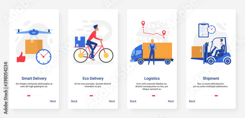 Delivery logistics, shipment technology by various transport vehicle vector illustration. Mobile app page onboard screen set with cartoon flat courier people delivering parcel by drone, truck, bicycle