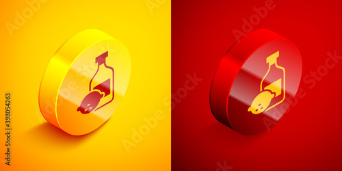 Isometric Limoncello bottle icon isolated on orange and red background. Bottle of fresh homemade lemonade. Circle button. Vector. © Kostiantyn