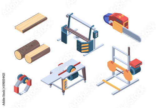 Lumber isometric. Sawmill items and workers wood workman vector isometric collection. Illustration logging and hardwood service, material stock
