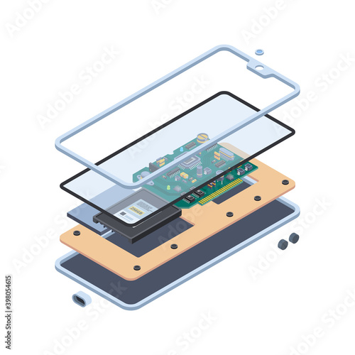 Smartphone hardware. Isometric layers of inside touch screen gadgets or tablet pc motherboard mobile vector repair service concept. Smartphone hardware, screen equipment innovation illustration