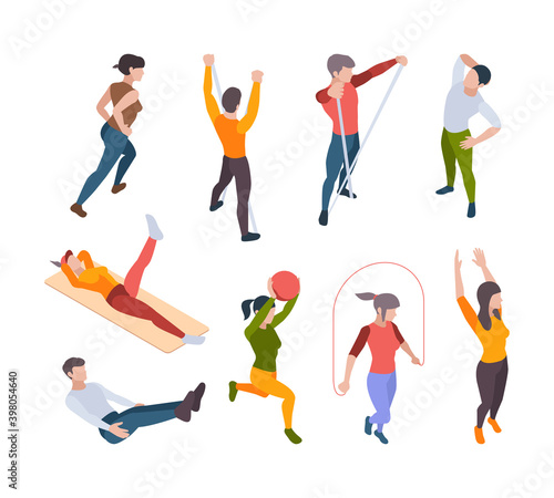 Home workout. Active people making sport exercises alone online broadcasting fitness and yoga activities vector isometric. Illustration activity workout exercise, people training