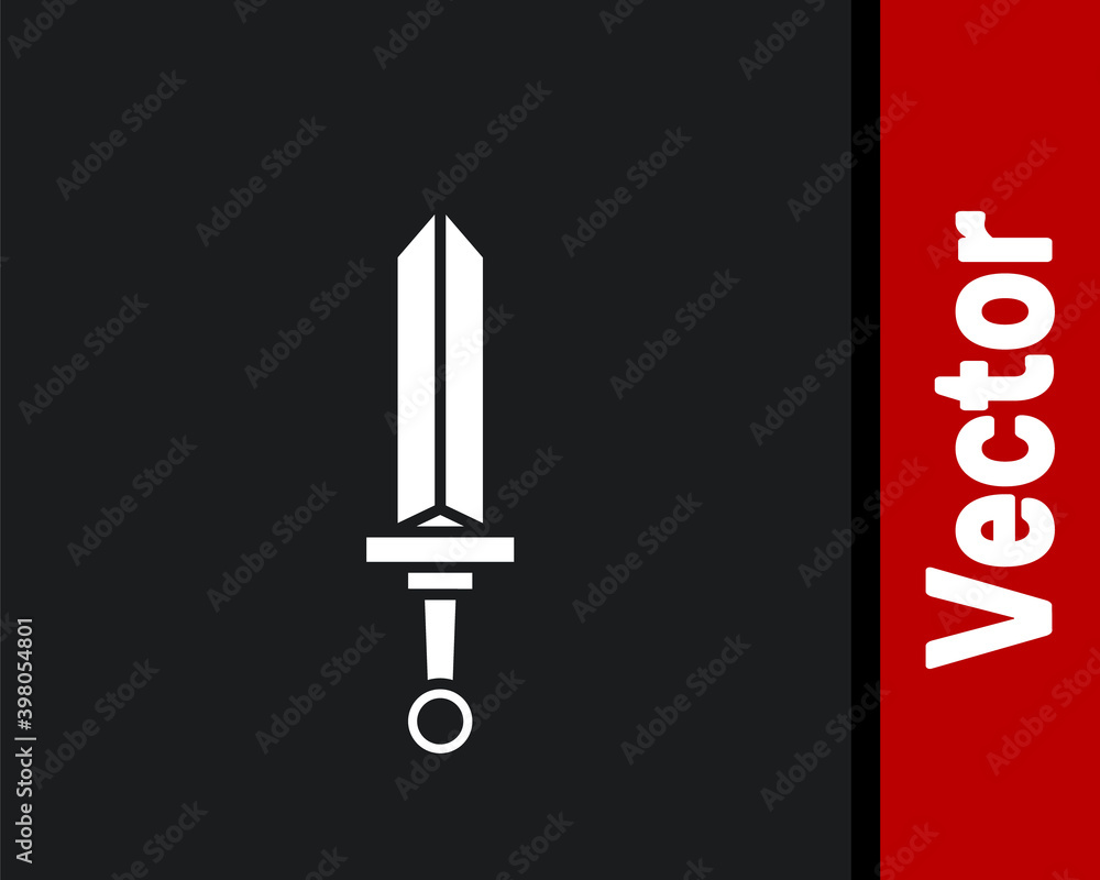 White Medieval sword icon isolated on black background. Medieval weapon. Vector. White Medieval sword icon isolated on black background. Medieval weapon. Vector.