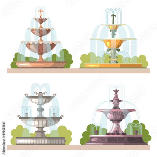 Fountains. Water beauty decorative constructions for gardens outdoor park vector cartoon illustrations. Waterfall stream collection for decoration park