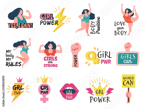 Girls badges. Feminist tags women powerful trendy sticker 80s style girl body positive logotype vector. Woman motivational typography, feminine sticker print illustration