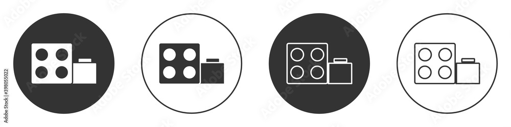 Black Toy building block bricks for children icon isolated on white background. Circle button. Vector. Black Toy building block bricks for children icon isolated on white background. Circle button. Vector.