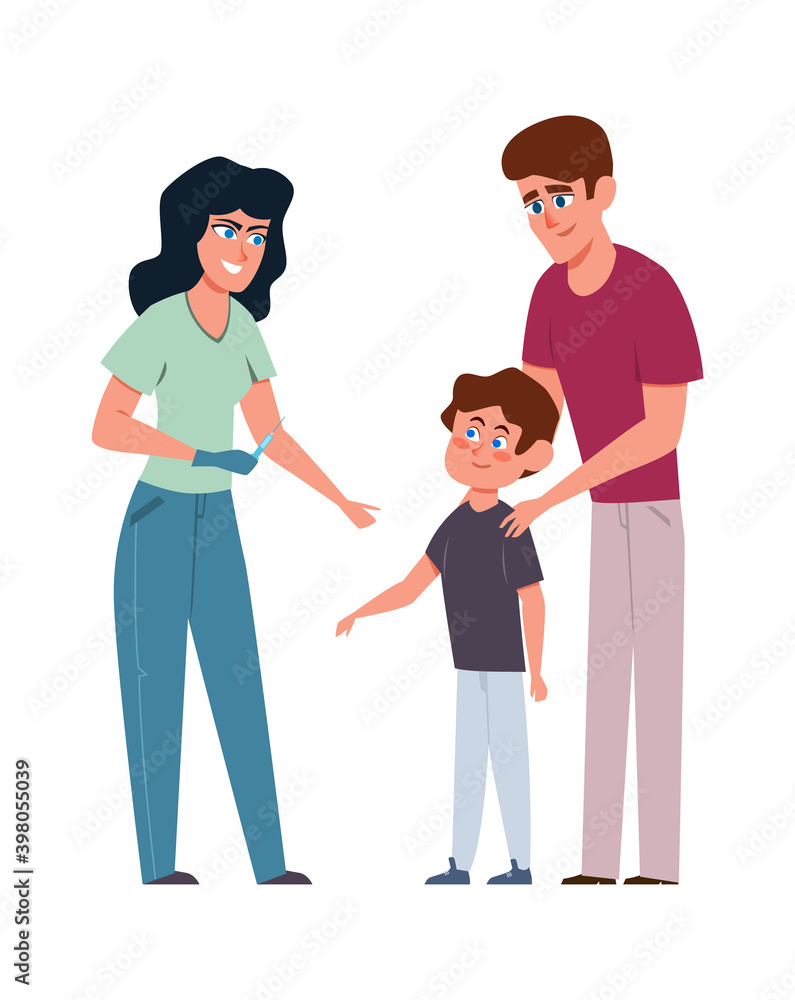 Kids vaccination. Female doctor and little boy with father in medical clinic, pediatrician consultation about immunity, preventing infections, protection from disease vector concept Kids vaccination. Female doctor and little boy with father in medical clinic, pediatrician consultation about immunity, preventing infections, protection from disease vector concept