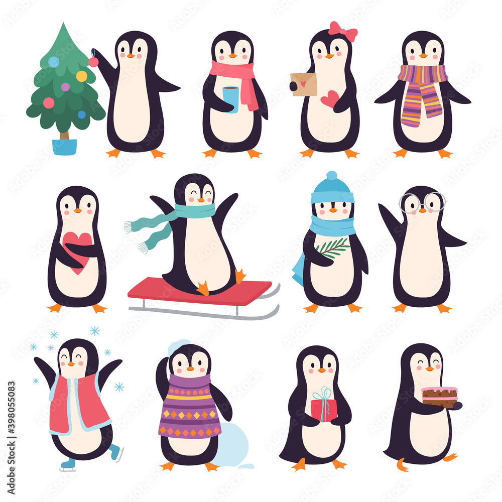 Obraz premium Penguins. Funny winter characters active pose little cute penguins in scarf and clothes vector doodles collection. Bird season greeting, new year characters polar illustration
