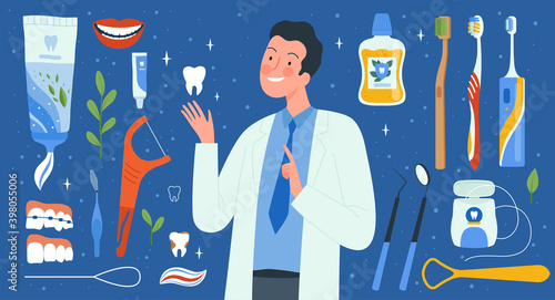 Dental hygiene tools. Dentist accessories medical liquids for mouthwash brushes cleaning teeth vector collection. Illustration stomatology healthcare, orthodontist tools set