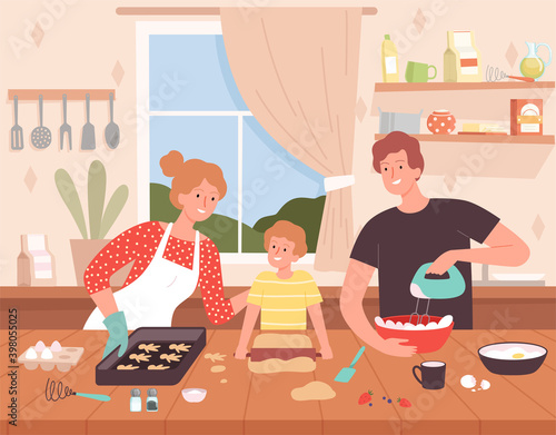 Preparing food on kitchen. Cartoon background with happy family characters making delicious products chef baking vector. Family cooking together, mother father and son illustration