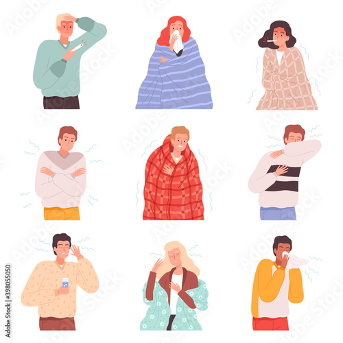 Illness people. Flu sick characters diseases patient treatment person nose virus vector cartoon illustrations. Symptom unhealthy coronavirus, respiratory sneezing and pain