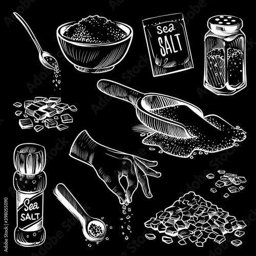 Sea salt. Hand drawn spice collection, salting crystals, bottle with powder, saltshaker with himalayan salt, white cooking ingredient on black board, chalk drawing vector illustration