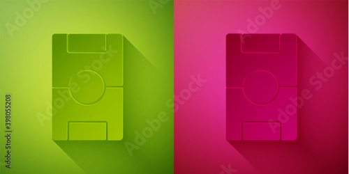 Paper cut Football table icon isolated on green and pink background. Hockey table. Paper art style. Vector.