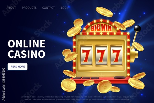 Online casino landing page. Slot machine gamble poster, promotional banner with flying gold coins and jackpot, lucky instant win, internet leisure bingo game vector illustration