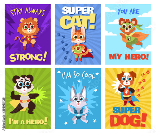 Hero animals cards. Children brave zoo superheroes with capes and masks  cute baby characters with greeting phrases collection. Comic whoops speech bubbles cartoon vector kids posters set