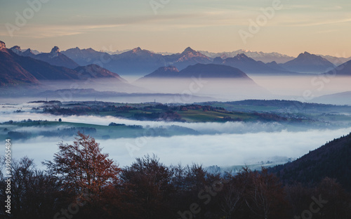 Misty valley view from Mount Sal  ve in autumn  France