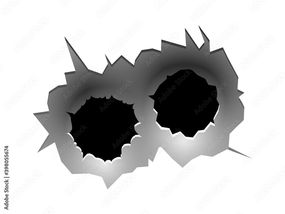 Bullet circle hole. Realistic bullets traces in metallic wall or auto, two circle holes, military shooting range, steel rip grunge texture, guns shot vector isolated illustration