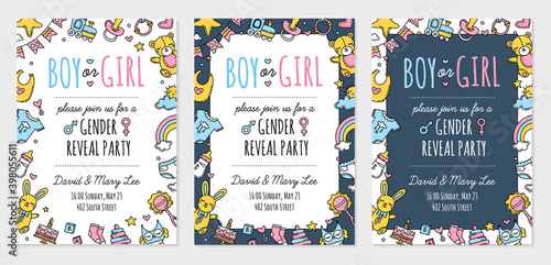 Gender reveal party invitation template. Baby shower, boy or girl. Vector postcard with Doodle icons.