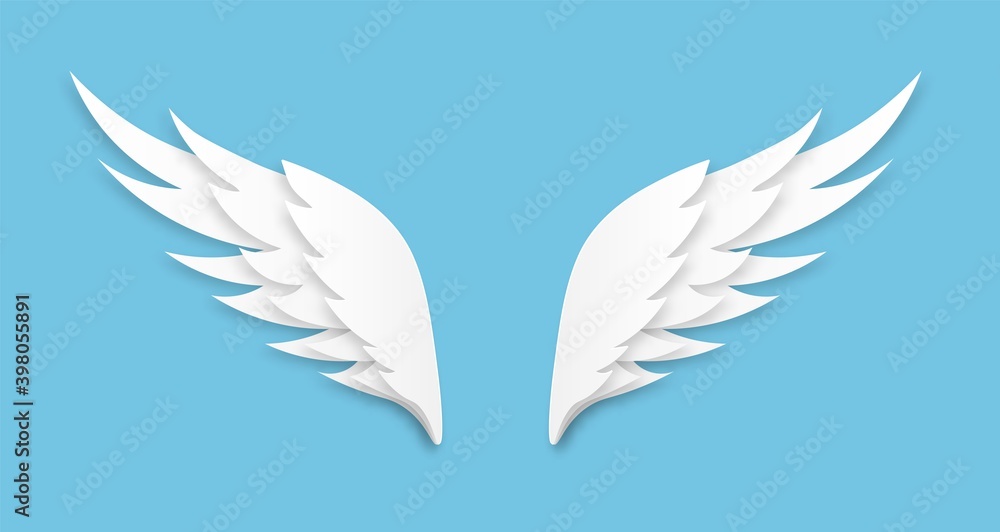 Origami wings. White paper cut angel logo, flying feathers decoration of heaven bird, layered papercut shape, freedom symbol, heraldic vector isolated on blue background emblem Origami wings. White paper cut angel logo, flying feathers decoration of heaven bird, layered papercut shape, freedom symbol, heraldic vector isolated on blue background emblem