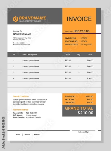 Invoice form. Work sales order template, paper sheet with table, minimalist professional finance accounting bill, customizable document design, office stationery vector illustration