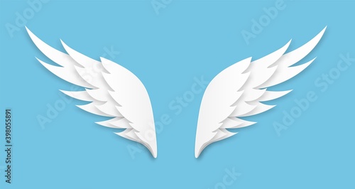 Origami wings. White paper cut angel logo, flying feathers decoration of heaven bird, layered papercut shape, freedom symbol, heraldic vector isolated on blue background emblem