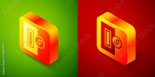 Isometric Hand inserting coin to a slot on a vending machine or arcade machine icon isolated on green and red background. Square button. Vector.