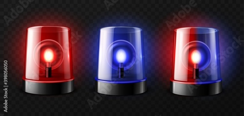 Realistic ambulance flashing. Red and blue rotating light alarm sirens front view, emergency alert lamps, fire department, police and medical cars beacon elements. Vector isolated set