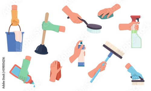 Cleaning product in hands. Detergent housekeeping tools collection, cleaner and brush, washing sponge, antibacterial sprayer, housework clean supplies vector flat cartoon isolated set