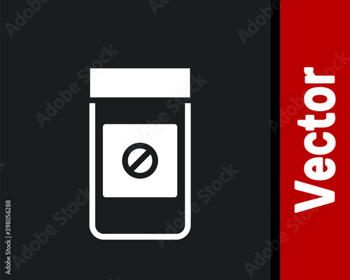 White Sports doping, anabolic drugs icon isolated on black background. Anabolic steroids tablet. Pills in jar. Vector.