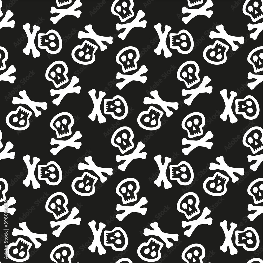 White skulls and bones isolated on black background. Cute monochrome seamless pattern. Vector flat graphic hand drawn illustration. Texture. White skulls and bones isolated on black background. Cute monochrome seamless pattern. Vector flat graphic hand drawn illustration. Texture.