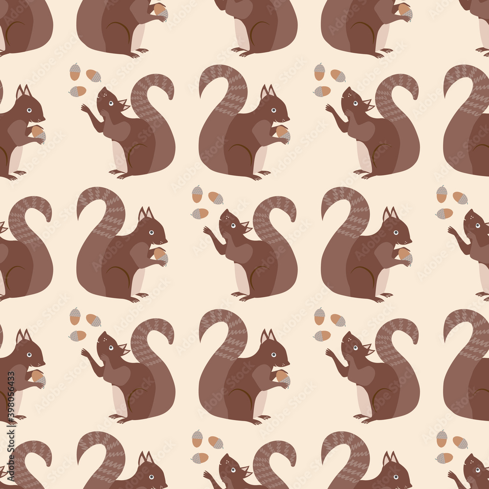 Fototapeta premium Cute squirrel with acorns seamless pattern background. Red brown woodland animals juggling and holding nuts on neutral cream color backdrop. Forest wildlife design. Hand drawn modern all over print