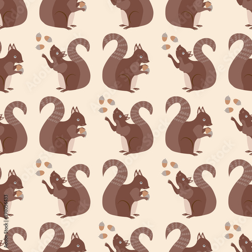 Cute squirrel with acorns seamless pattern background. Red brown woodland animals juggling and holding nuts on neutral cream color backdrop. Forest wildlife design. Hand drawn modern all over print