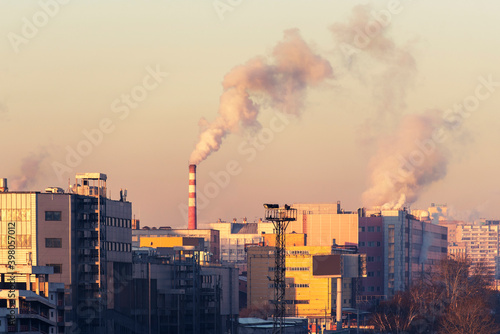 Cityscape with factories, pipes that pollute the air. Moscow, Russia
