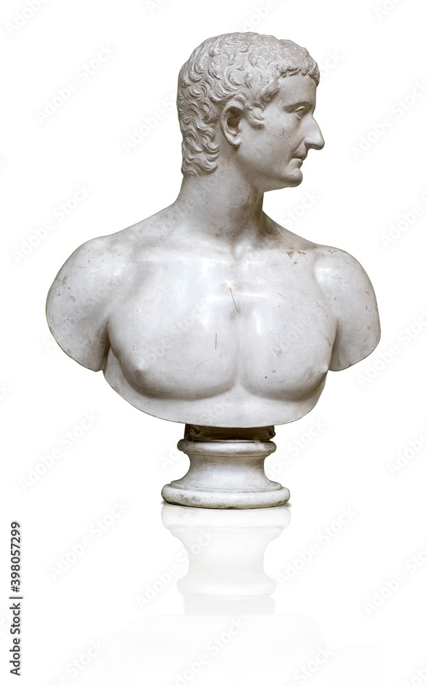 Obraz premium Marble bust of the ancient Roman emperor Tiberius isolated on white background. Design element with clipping path