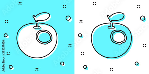 Black line Genetically modified apple icon isolated on green and white background. GMO fruit. Random dynamic shapes. Vector.