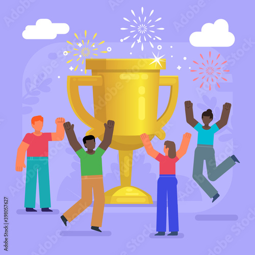 Win, winner, people celebrate victory. Group of people stand near big golden award. Modern vector illustration