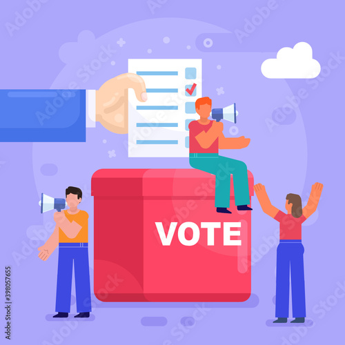 Vote, election concept. People with megaphone agitate to vote. Modern vector illustration