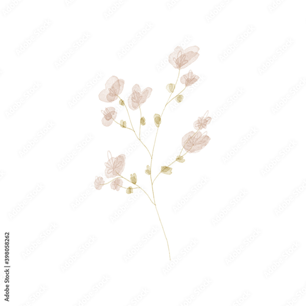 Delicate translucent summer petal flower bud. Textural digital art watercolor. Print for design packaging products brand, wallpaper, postcards, beauty business, sticker, wrapping paper, fabric