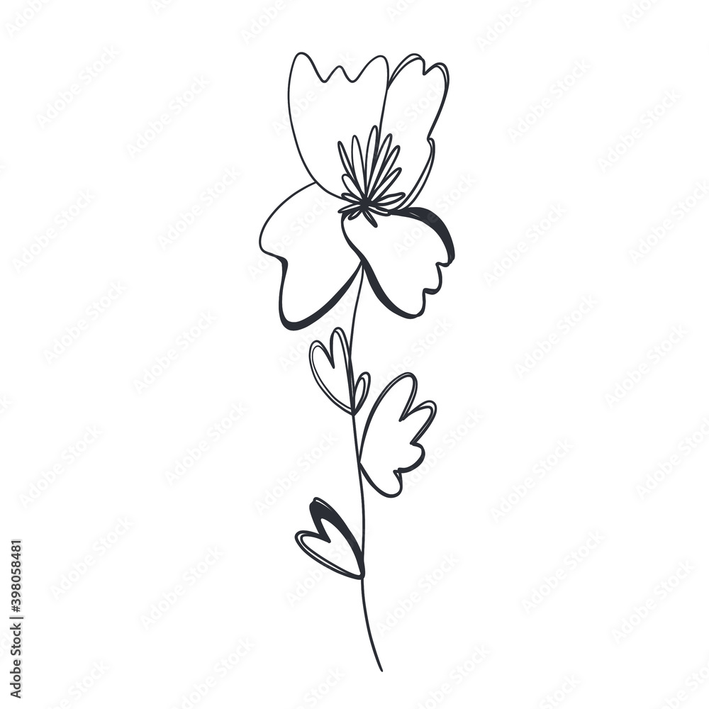 Summer petal flower bud. Doodle line digital outline. Print for design packaging products brand, wallpaper, postcards, beauty business, wrapping paper, fabric, sticker