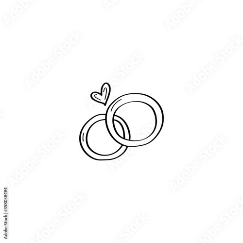 A hand-drawn pair of wedding rings. Wedding rings Doodle illustration. Vector design element for greeting cards, wedding invitations, and Valentines Day. Black outline isolated on a white background