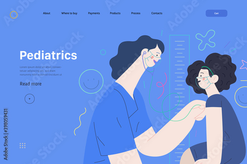 Pediatrics - medical insurance -modern flat vector concept digital illustration - female pediatrician carrying out the auscultation of a little girl with a stethoscope, medical office or laboratory