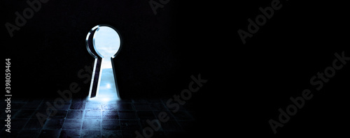 Panoramic keyhole.  big room with door hole in panorama wall Surreal Concept with dark horizontal background  photo