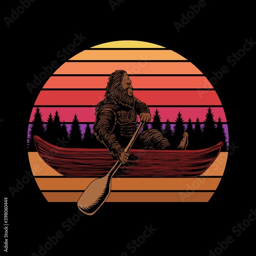 Bigfoot canoe sunset retro vector illustration