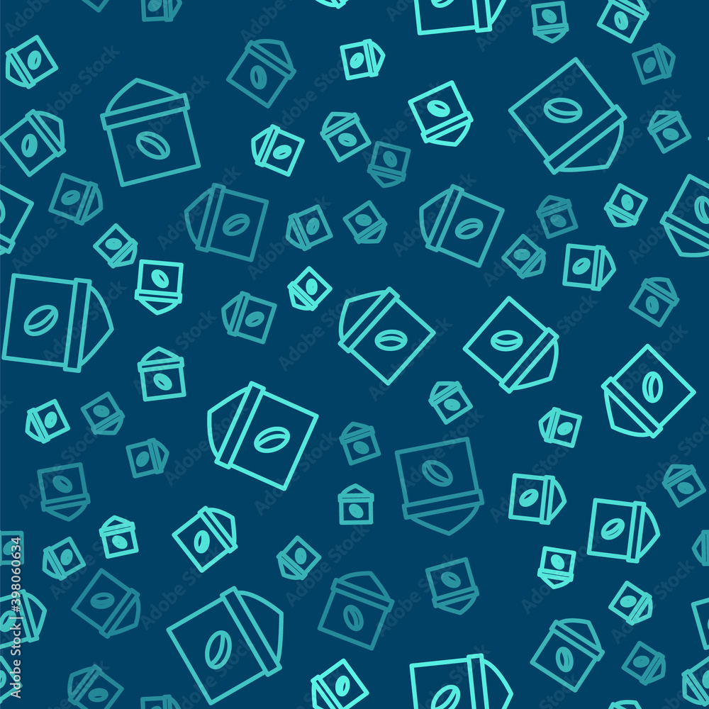 Green line Bag of coffee beans icon isolated seamless pattern on blue background. Vector Illustration. Green line Bag of coffee beans icon isolated seamless pattern on blue background. Vector Illustration.
