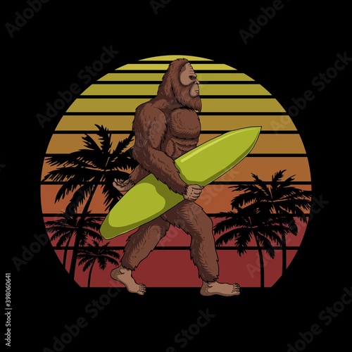 Bigfoot holding a surf board sunset retro vector illustration
