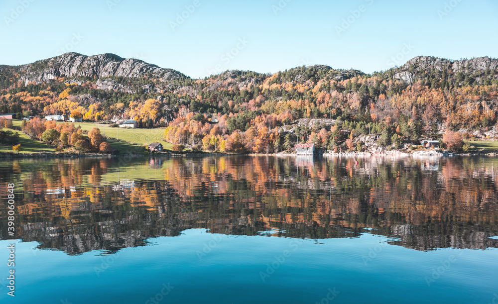 Autumn Norwegian landscape at sunny day