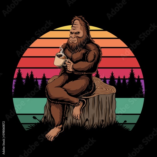 Bigfoot relaxing coffee sunset retro vector illustration