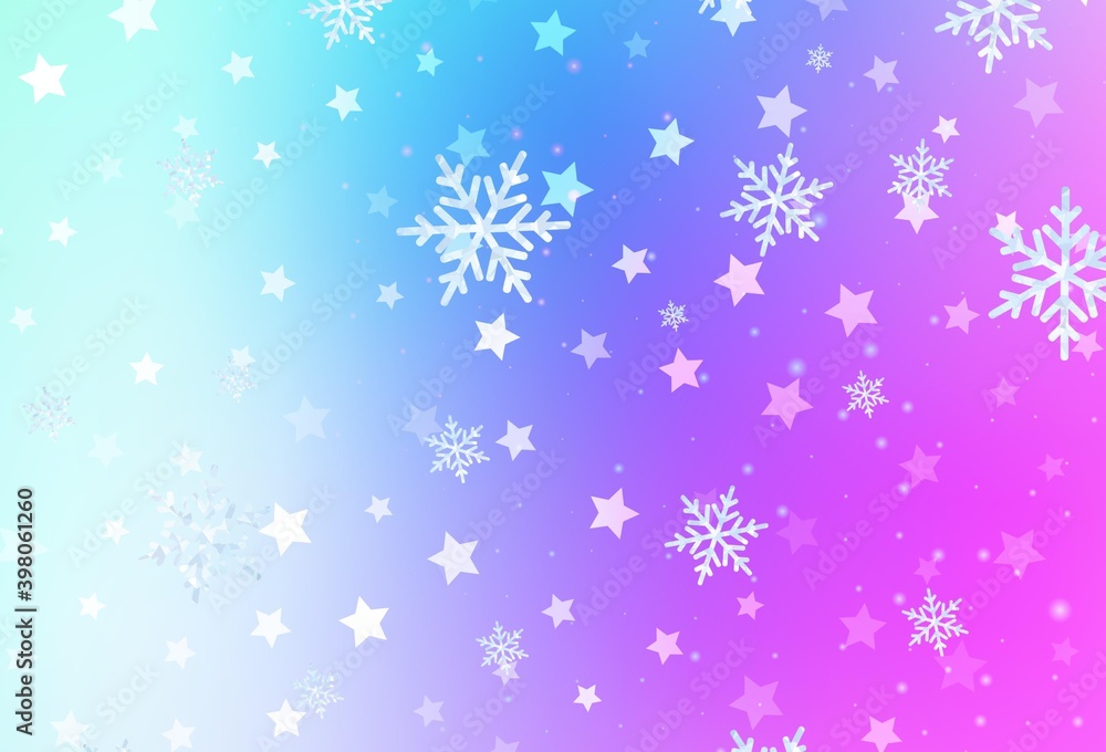 Light Pink, Blue vector background with xmas snowflakes, stars.