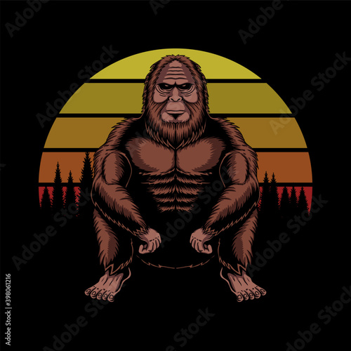 Bigfoot squat sunset retro vector illustration
